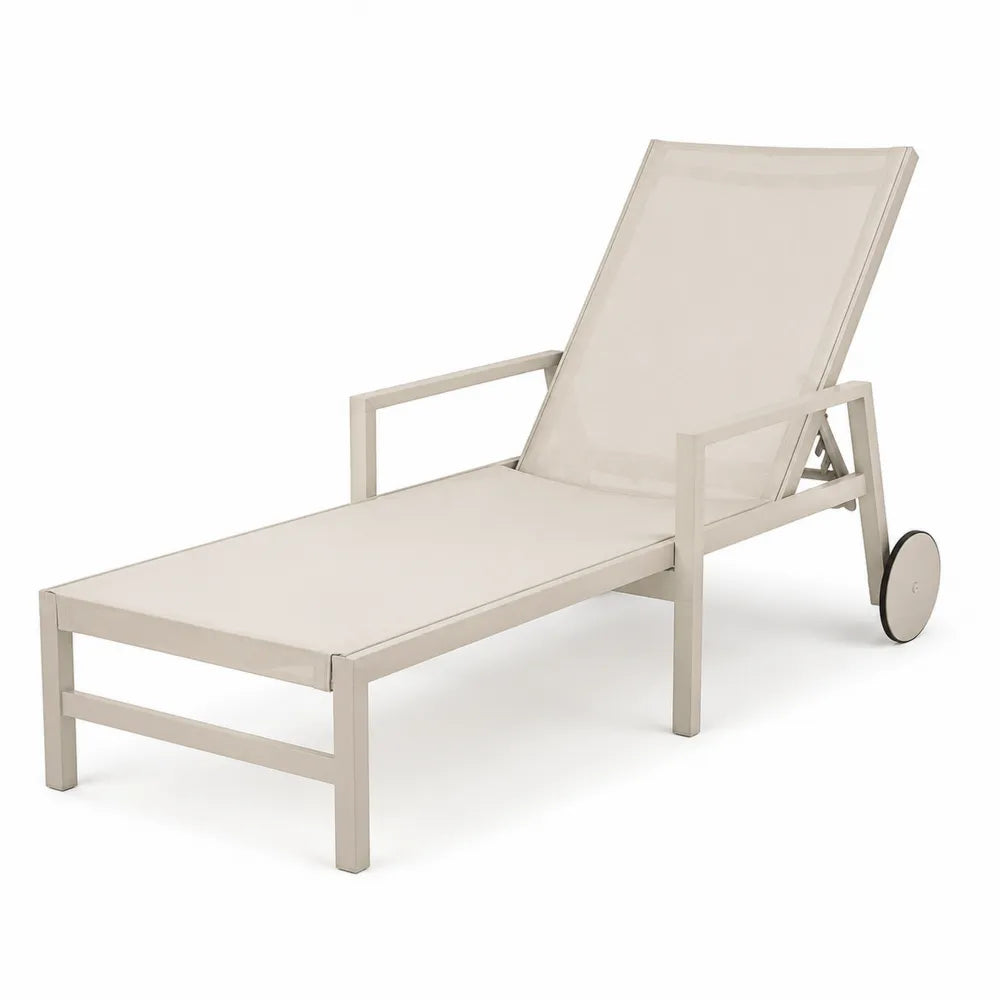 Bain de soleil de jardin inclinable en aluminium beige avec toile textilène et roues 195 x 65 x 35 cm