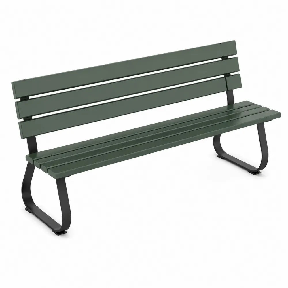 Banc de jardin 2 à 3 places à dossier en acacia massif vert sapin et acier noir 150 x 58 x 80 cm