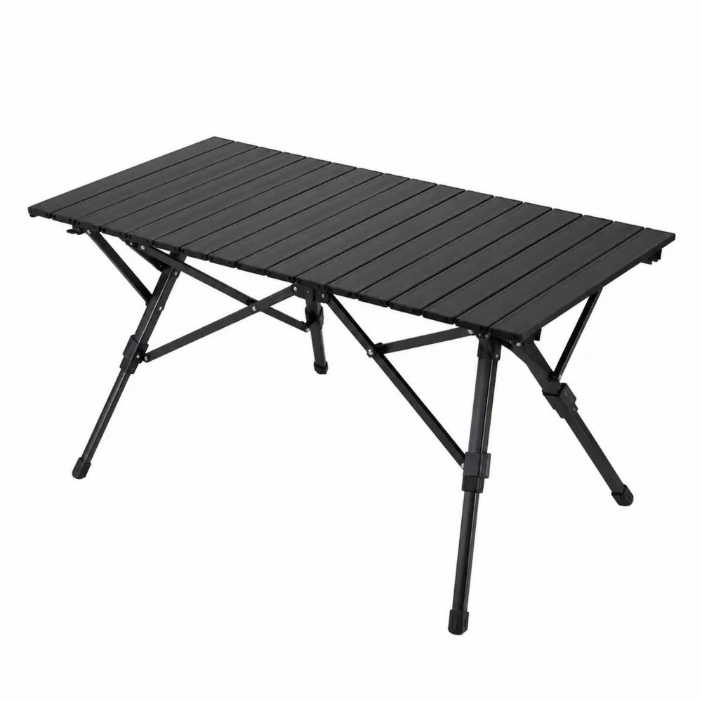Table de jardin pliante rectangulaire en aluminium noir avec plateau à lattes