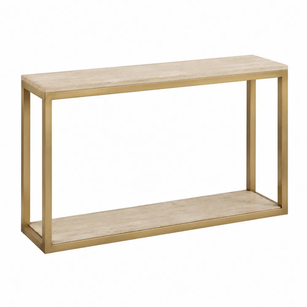Table console rectangulaire 2 niveaux en acier doré et MDF effet travertin beige 120 x 35 x 80 cm