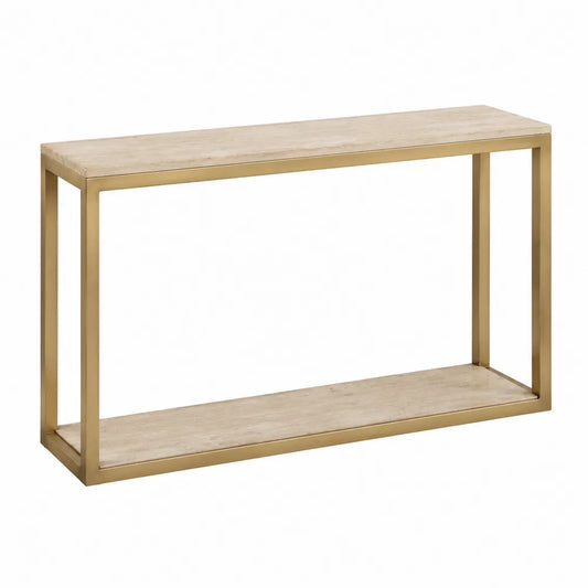 Table console rectangulaire 2 niveaux en acier doré et MDF effet travertin beige 120 x 35 x 80 cm