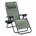 Fauteuil relax de jardin pliant zéro gravité en acier noir et textilène vert sauge avec appuie-tête et porte-gobelet 165 x 65 x 112 cm