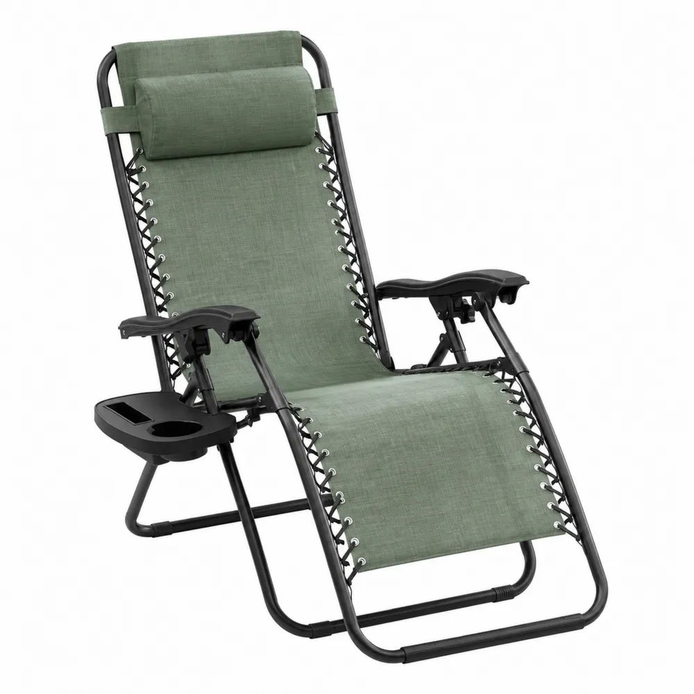Fauteuil relax de jardin pliant zéro gravité en acier noir et textilène vert sauge avec appuie-tête et porte-gobelet 165 x 65 x 112 cm