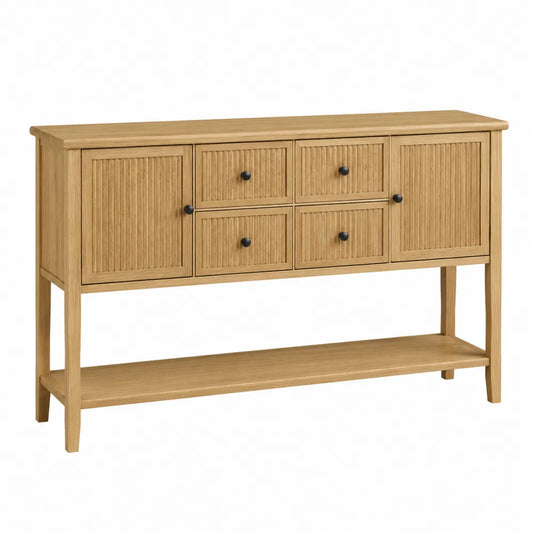 Table console rectangulaire 140 x 38 x 82 cm en MDF plaqué chêne clair avec 2 portes 4 tiroirs et étagère inférieure façade rainurée