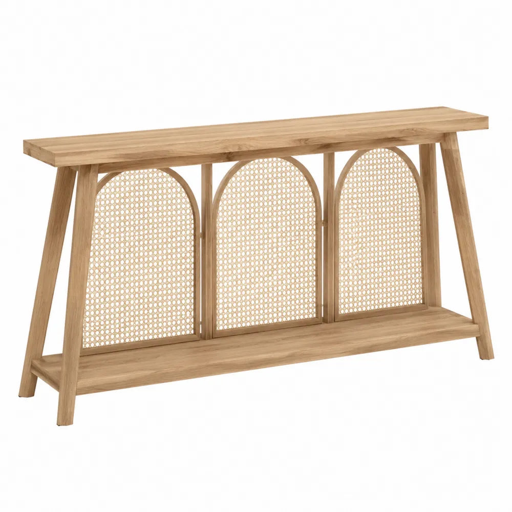 Table console rectangulaire 3 panneaux arqués en hévéa massif MDF plaqué chêne naturel et cannage rotin écru 140 x 35 x 80 cm