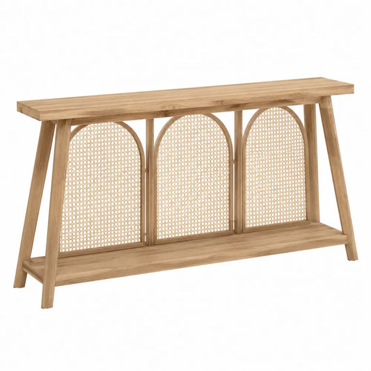 Table console rectangulaire 3 panneaux arqués en hévéa massif MDF plaqué chêne naturel et cannage rotin écru 140 x 35 x 80 cm