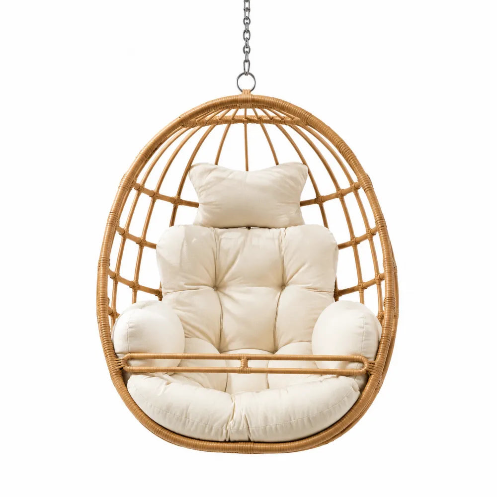 Fauteuil suspendu œuf 1 place 95 x 78 x 125 cm en résine tressée naturel coussins polyester écru chaîne acier
