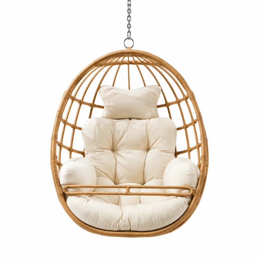 Fauteuil suspendu œuf 1 place 95 x 78 x 125 cm en résine tressée naturel coussins polyester écru chaîne acier