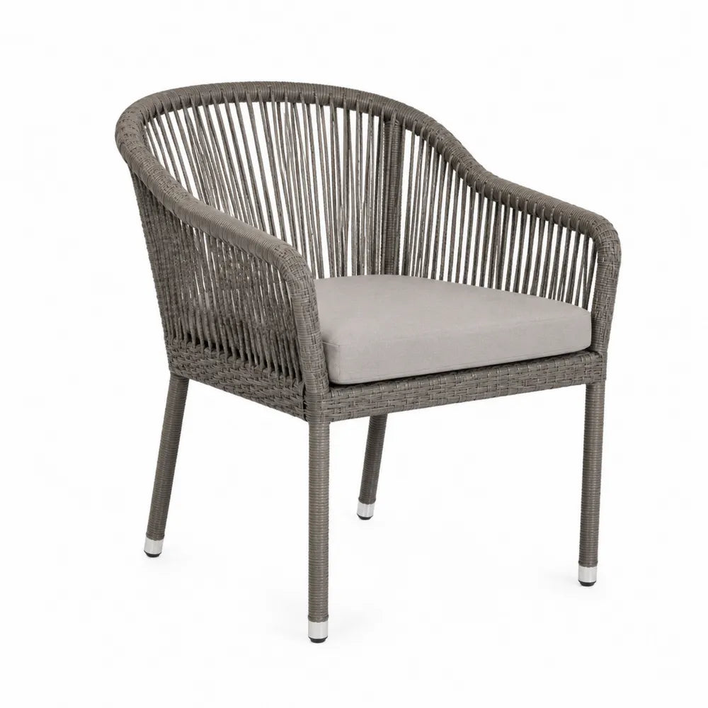 Fauteuil de jardin en résine PE tressée gris taupe avec coussin polyester beige et structure acier 62 x 60 x 80 cm