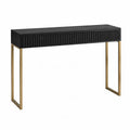 Table console rectangulaire en MDF plaqué frêne noir avec façade cannelée et piètement en acier doré 120 x 35 x 80 cm