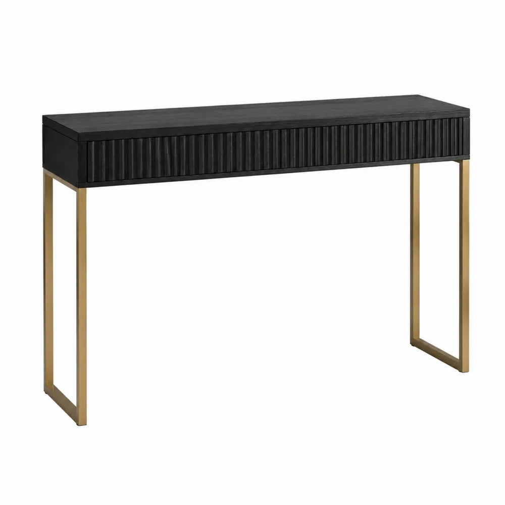 Table console rectangulaire en MDF plaqué frêne noir avec façade cannelée et piètement en acier doré 120 x 35 x 80 cm