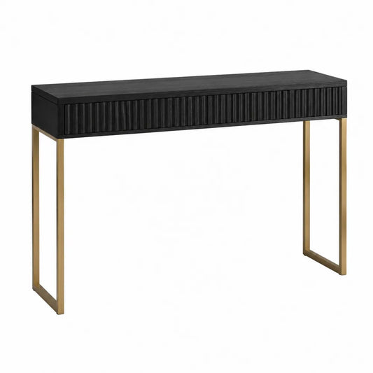 Table console rectangulaire en MDF plaqué frêne noir avec façade cannelée et piètement en acier doré 120 x 35 x 80 cm