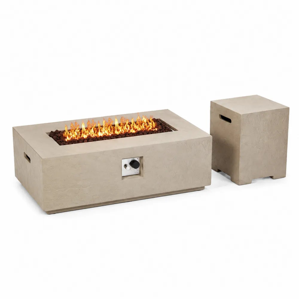 Ensemble brasero extérieur rectangulaire au gaz propane en ciment fibré beige avec cache-bouteille 142 x 71 x 38 cm et 43 x 43 x 60 cm
