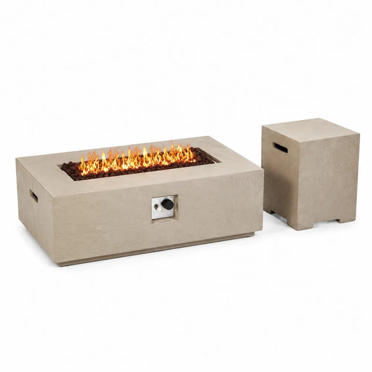 Ensemble brasero extérieur rectangulaire au gaz propane en ciment fibré beige avec cache-bouteille 142 x 71 x 38 cm et 43 x 43 x 60 cm