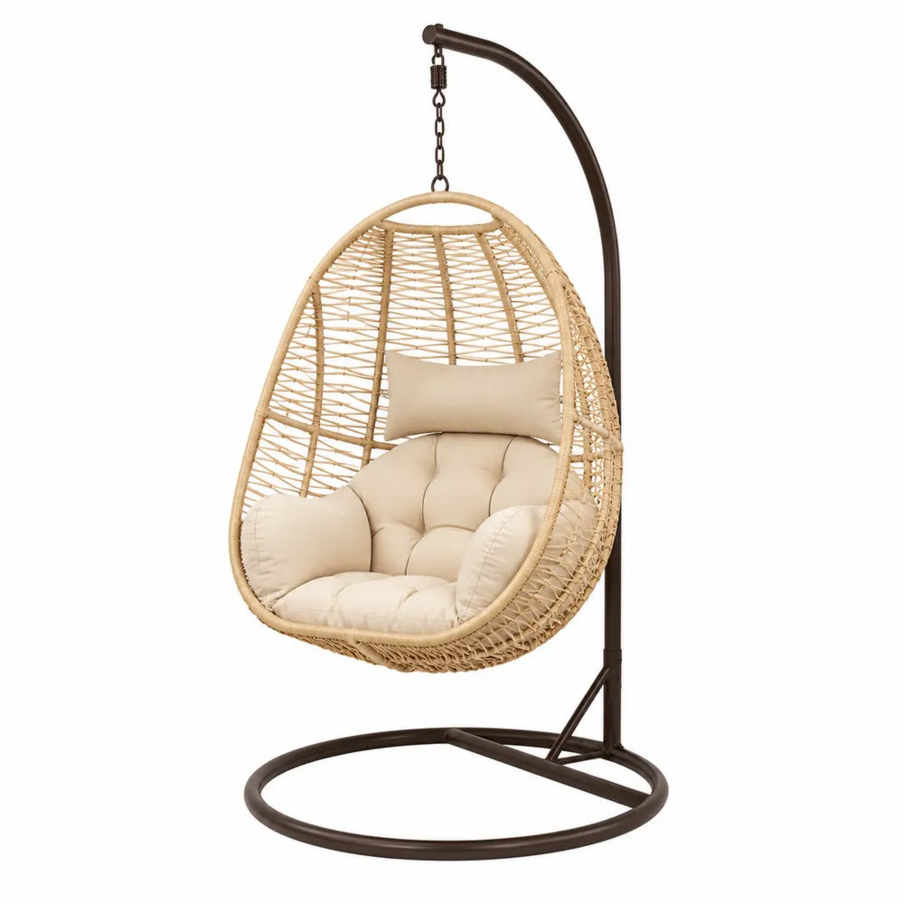 Fauteuil suspendu œuf extérieur 1 place en rotin synthétique PE beige support acier marron foncé coussins écru 105 x 105 x 196 cm