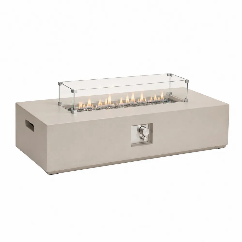 Table brasero d’extérieur rectangulaire au gaz en ciment fibré beige avec pare-flamme en verre trempé 142 x 71 x 54 cm