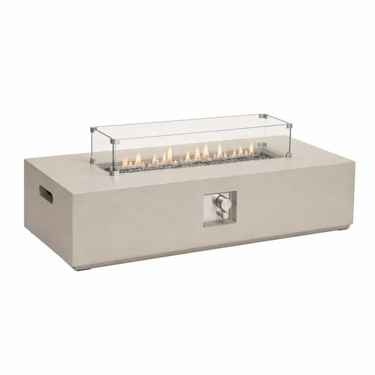 Table brasero d’extérieur rectangulaire au gaz en ciment fibré beige avec pare-flamme en verre trempé 142 x 71 x 54 cm