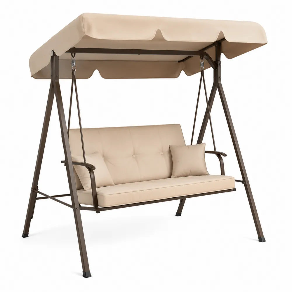 Balancelle de jardin 3 places 195 cm x 120 cm x 172 cm en acier peint brun foncé coussins polyester beige avec toit pare-soleil rectangulaire