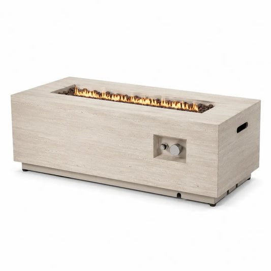 Table brasero d’extérieur rectangulaire au gaz propane en béton fibré beige avec brûleur en acier inoxydable et pierres de lave 140 x 70 x 45 cm