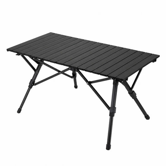 Table de jardin pliante rectangulaire en aluminium noir avec plateau à lattes