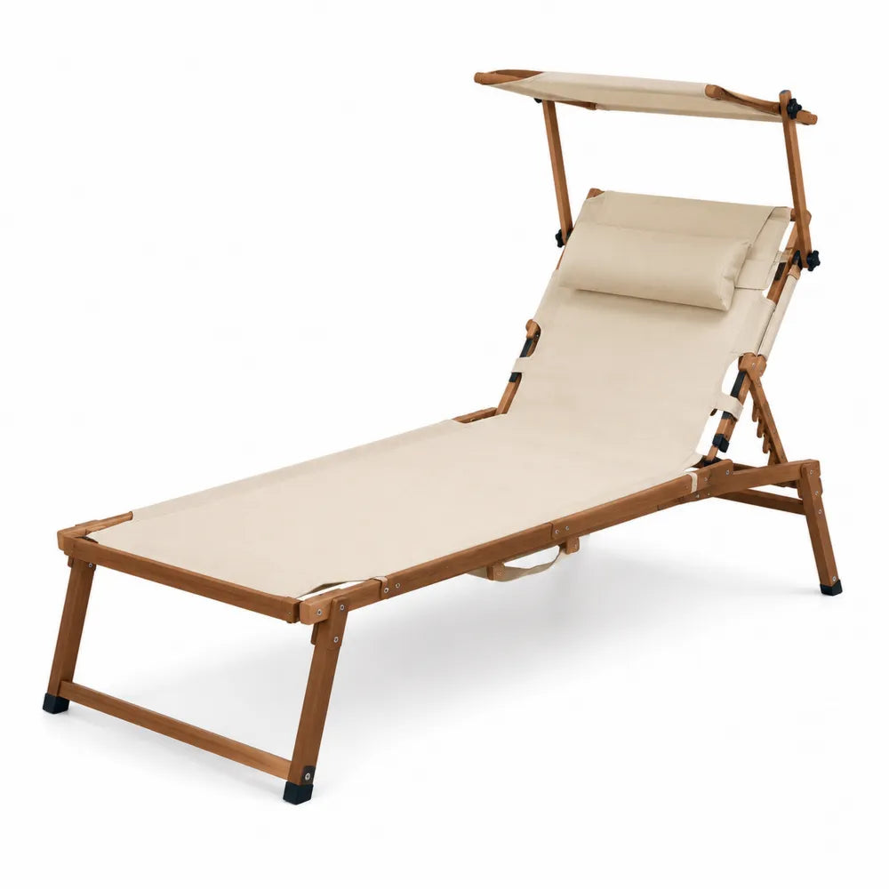 Chaise longue de jardin pliante inclinable en bois d’acacia massif avec pare-soleil toile polyester beige 190 cm x 60 cm x 95 cm
