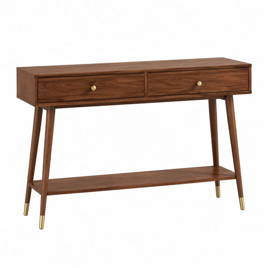 Table console rectangulaire 2 tiroirs en MDF plaqué noyer avec pieds en hévéa et embouts dorés 120 x 35 x 80 cm