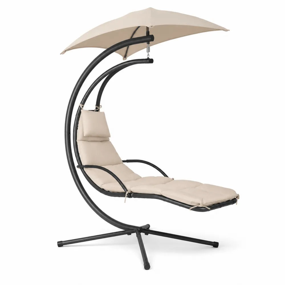 Chaise suspendue de jardin avec baldaquin 190 cm x 105 cm x 200 cm en acier thermolaqué noir tissu polyester beige forme courbe