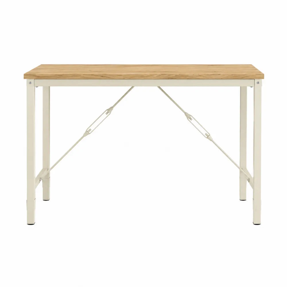 Table console rectangulaire 120 x 40 x 75 cm en MDF plaqué chêne naturel avec structure en acier peint crème et croisillons métalliques