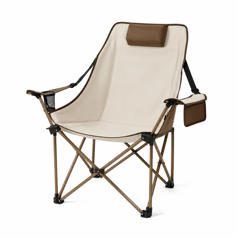 Fauteuil pliant de jardin avec porte-gobelet en acier marron toile Oxford polyester beige et coussin de tête 92 x 82 x 105 cm