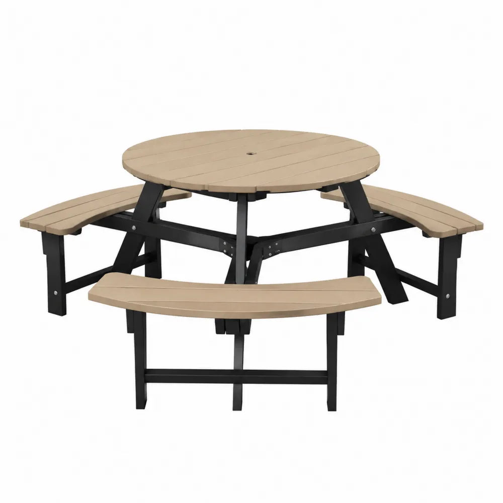 Table de pique-nique ronde extérieure avec 4 bancs intégrés en polyéthylène haute densité beige et acier noir 205 x 205 x 75 cm